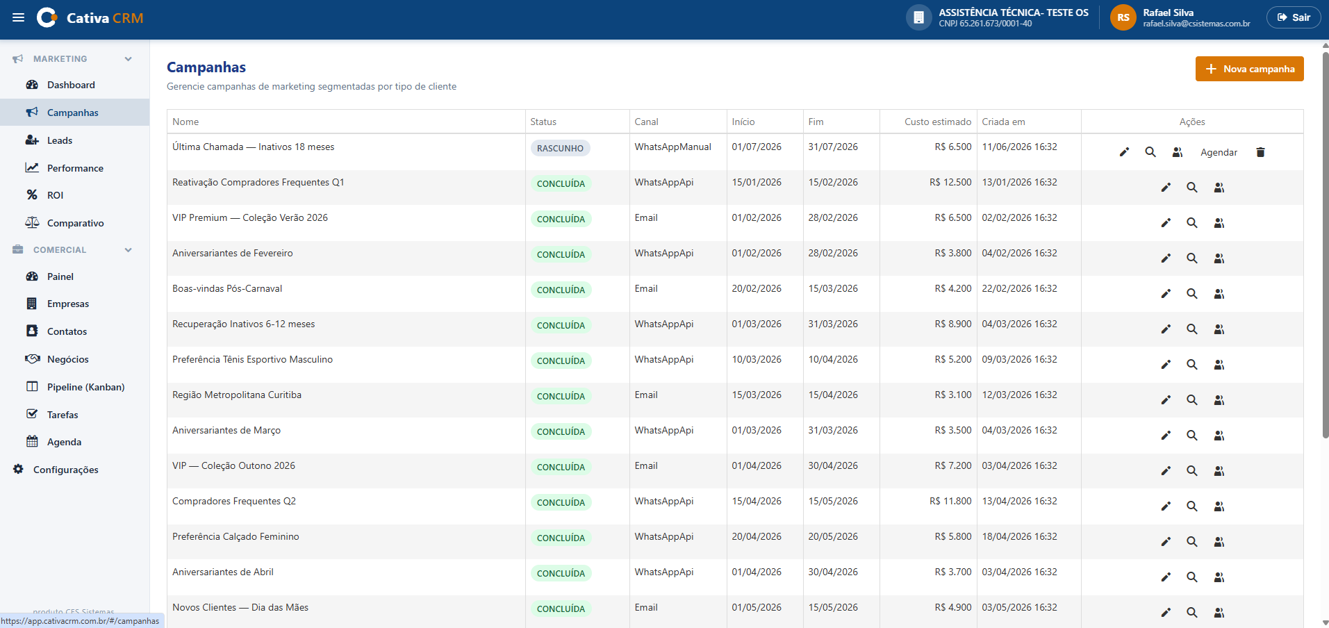 Tela de Campanhas do Cativa CRM — lista com status e canais